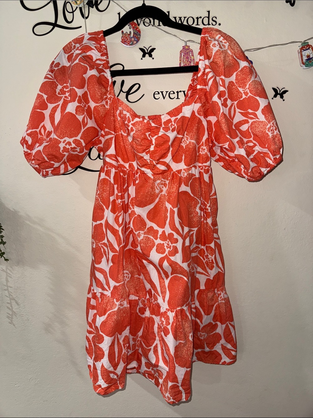 Billabong Orange and White Floral Puff Sleeve Mini Dress - Picture 1 of 3